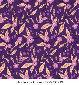 Seamless floral pattern, pretty ditsy print with vintage motif. Abstract composition of hand drawn wild plants, branches with small flowers, leaves on purple background. Vector botanical illustration.