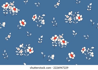 Seamless floral pattern, pretty ditsy print with tiny winter botany. Cute flower design with small hand drawn flowers, leaves in a liberty arrangement on blue background. Vector botanical illustration