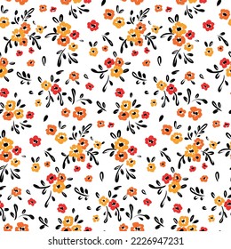 Seamless floral pattern, pretty ditsy print with a scattering of small flowers on a white background. Cute vintage flower design from tiny hand drawn flowers, leaves in liberty arrangement. Vector.