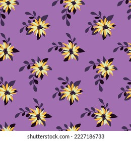 Seamless floral pattern, pretty ditsy print with simple botanical composition with country motif. Cute flower design with hand drawn small flowers, tiny leaves on purple background. Vector.