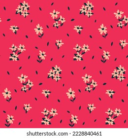 Seamless floral pattern, pretty ditsy print with small cute flowers, tiny leaves in a liberty arrangement on a pink background. Romantic flower design with mini hand drawn flowers. Vector illustration