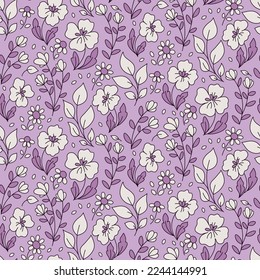 Seamless floral pattern, pretty ditsy print. Cute flower design for fabric, paper with hand drawn wild plants: outline flowers, leaves, herbs on a gentle purple background. Vector illustration.