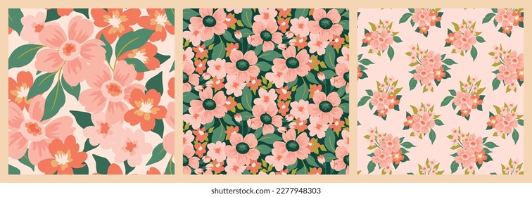 Seamless floral pattern, pretty ditsy print with retro motif in collection. Cute design with hand drawn botany: small flowers, leaves in bouquets. Trendy flower backdrop set. Vector illustration.