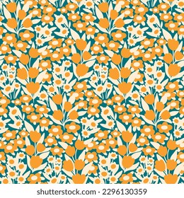 Seamless floral pattern, pretty ditsy print with cute decorative meadow. Liberty botanical design with tiny hand drawn plants, yellow flowers, small leaves on blue background. Vector illustration.