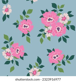Seamless floral pattern, pretty ditsy print with vintage rustic motif. Cute botanical design, ornament of simple hand drawn bouquets: small pink flowers, leaves on blue background. Vector illustration