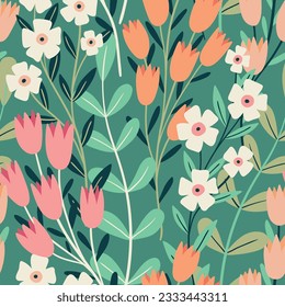 Seamless floral pattern, pretty ditsy print with wild plants pattern. Cute botanical design with hand drawn flora: small wild flowers, branches, leaves on a green background. Vector illustration.