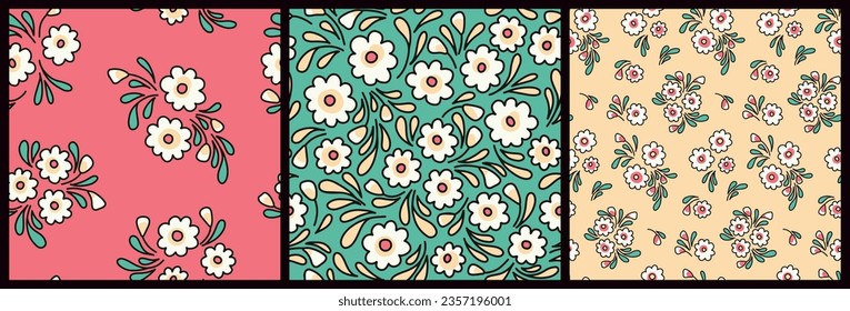 Seamless floral pattern, pretty ditsy print with folk motif in collection. Cute botanical design, simple ornament: small hand drawn flowers, leaves, bouquets on colored background. Vector illustration