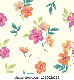 Seamless floral pattern, pretty ditsy print with hand drawn summer, spring plants. Botanical design, ornament with small colorful flowers, leaves on a white background. Vector illustration.