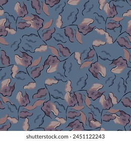 Seamless floral pattern, pretty ditsy print with small white flowers on a blue background. Romantic botanical design of hand drawn flowers, leaves with rustic motifs.