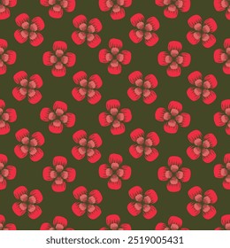 Seamless floral pattern, pretty ditsy print with hand drawn plants in autumn colors. Cute botanical design: small and large daisy flowers, leaves, herbs on a dark background. Vector illustration.