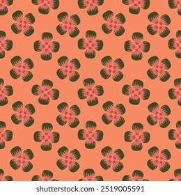 Seamless floral pattern, pretty ditsy print with hand drawn plants in autumn colors. Cute botanical design: small and large daisy flowers, leaves, herbs on a dark background. Vector illustration.