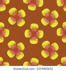 Seamless floral pattern, pretty ditsy print with hand drawn plants in autumn colors. Cute botanical design: small and large daisy flowers, leaves, herbs on a dark background. Vector illustration.