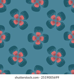 Patrón floral sin fisuras, impresión bastante sucia con plantas dibujadas a mano en colores de otoño. Lindo diseño botánico: Pequeñas y Grandes flores de margarita, hojas, hierbas sobre un fondo oscuro. Ilustración vectorial.