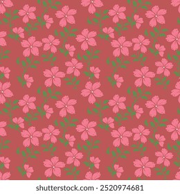 Nahtloses Blumenmuster, hübscher diffiziler Druck mit handgezeichneten Pflanzen in Herbstfarben. Nettes botanisches Design: kleine und große Gänseblumen, Blätter, Kräuter auf dunklem Hintergrund. Vektorgrafik.