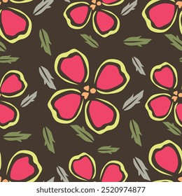 Patrón floral sin fisuras, impresión bastante sucia con plantas dibujadas a mano en colores de otoño. Lindo diseño botánico: Pequeñas y Grandes flores de margarita, hojas, hierbas sobre un fondo oscuro. Ilustración vectorial.