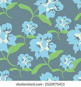 Seamless floral pattern, pretty ditsy print with hand drawn plants in autumn colors. Cute botanical design: small and large daisy flowers, leaves, herbs on a dark background. Vector illustration.
