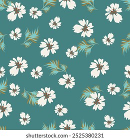 Seamless floral pattern, pretty ditsy print with hand drawn plants in autumn colors. Cute botanical design: small and large daisy flowers, leaves, herbs on a dark background. Vector illustration.