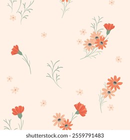 Seamless floral pattern, pretty ditsy print of hand drawn wild plants in delicate colors. Cute botanical surface design of small red, pink flowers, leaves, simple bouquets. Vector illustration.