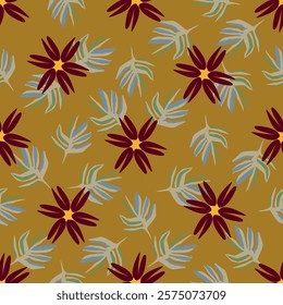 Seamless floral pattern, pretty ditsy print with hand drawn plants in autumn colors. Cute botanical design: small and large daisy flowers, leaves, herbs on a dark background. Vector illustration