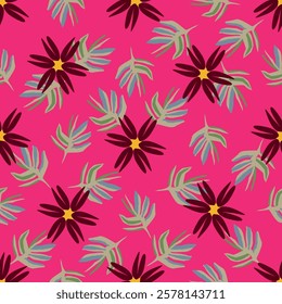 Seamless floral pattern, pretty ditsy print with hand drawn plants in autumn colors. Cute botanical design: small and large daisy flowers, leaves, herbs on a dark background. Vector illustration