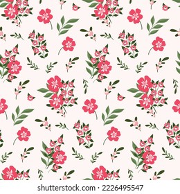 Patrón floral sin foco, bonita huella floral con un motivo folclórico y rústico. Diseño de color marrón con flores rosadas dibujadas a mano, ramas pequeñas, hojas abstractas en un fondo blanco. Vector.