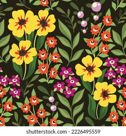 Seamless floral pattern, pretty flower print: colorful summer garden with vintage motif. Cute flower design with hand drawn wild plants: small flowers, leaves, herbs on a green background. Vector.