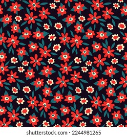 Seamless floral pattern, pretty flower print with cute meadow. Nice ditsy design for fabric, paper: small hand drawn plants, tiny red flowers, leaves on a dark black background. Vector illustration.
