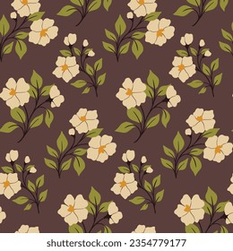 Seamless floral pattern, pretty flower print with large branches. Cute botanical design, simple ornament: hand drawn small flowers on branches, leaves, floral decor on brown background. Vector.