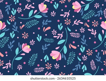 seamless Floral pattern. Pretty flowers on dark blue background. Seamless vector texture. Spring bouquet