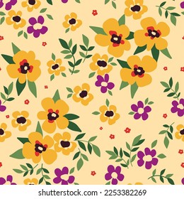 Seamless floral pattern with pretty hand drawn plants. Cute flower print, liberty ditsy fabric design with a rustic motif: small flowers, tiny leaves on a light yellow background. Vector illustration.