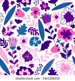 Seamless floral pattern. Pretty hand-drawn flowers on white background. Colorful botanical texture for kids, vector