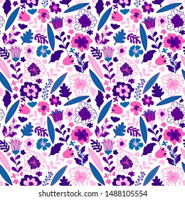 Seamless floral pattern. Pretty hand-drawn flowers on white background. Colorful botanical texture for kids, vector. Decorative hand drawn floral pattern. Print for fabric in boho style