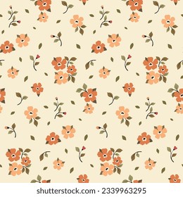 Seamless floral pattern, pretty liberty ditsy print with small flowers, leaves. Cute botanical design with vintage rustic motif: tiny hand drawn plants on a light background. Vector illustration.