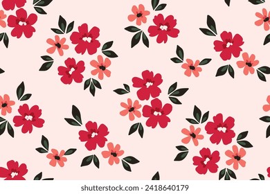 Nahtlose Blumenmuster, ziemlich freier, düsterer Ausdruck winziger roter Blumen. Romantisches botanisches Design: kleine, handgezeichnete Blumen, einfache Bouquets abstrakt auf weißem Hintergrund. Vektorgrafik