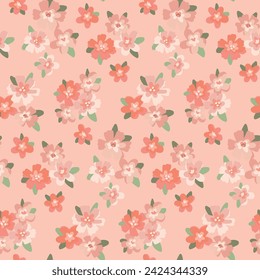 Seamless floral pattern, pretty liberty ditsy print in pink colors. Cute  botanical design: small hand drawn flowers, tiny leaves, simple mini bouquets in an abstract composition. Vector illustration.