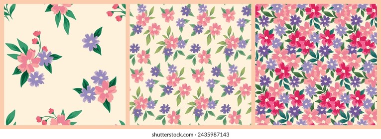 Seamless floral pattern, pretty liberty ditsy print of tiny hand drawn flora. Collection of botanical design: small spring flowers, leaves, romantic bouquets on a light background. Vector illustration