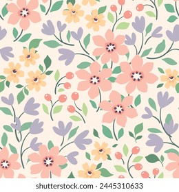 Seamless floral pattern, pretty liberty ditsy print, abstract spring ornament of tiny hand drawn flora. Cute botanical design: small wild flowers, leaves on a light field. Vector illustration.