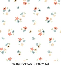 Seamless floral pattern, pretty liberty ditsy print, abstract ornament: mini daisy flowers on white background. Cute simple botanical design of hand drawn flowers, tiny leaves. Vector illustration.