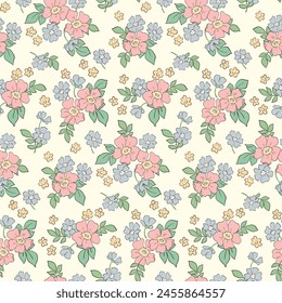 Seamless floral pattern, pretty liberty ditsy print, abstract ornament in a romantic retro motif. Cute botanical design: small hand drawn flowers, leaves, simple bouquets on white. Vector illustration