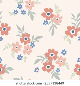 Seamless floral pattern, pretty liberty ditsy print of small simple plants. Cute botanical design in pastel colors: tiny hand drawn flowers, leaves, simple mini bouquets abstract. Vector illustration.