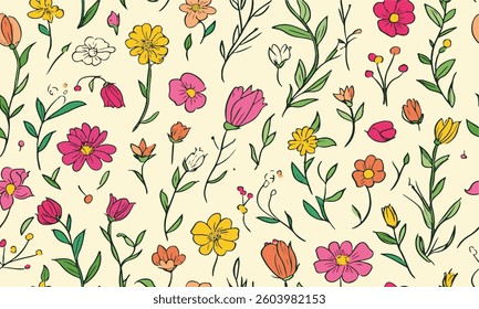 Seamless floral pattern, pretty liberty ditsy print, abstract spring ornament of tiny hand drawn flora. Cute botanical design: small wild flowers, leaves on a light field. Vector illustration.