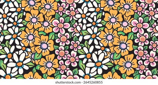 Padrão floral sem costura, impressão ditsy bastante liberdade de pequenas flores margaridas desenhadas à mão. Design botânico bonito do prado de verão florescente, botões de flores minúsculas, folhas mini verdes. Ilustração vetorial.