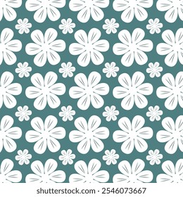 Seamless floral pattern with pretty white flowers on blue background.