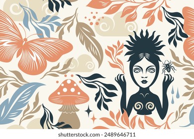 Seamless floral pattern with pretty witch, branches,mushrooms, butterflies, the elegance of a beautiful botanical pattern on the theme of nature and magic