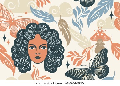 Seamless floral pattern with pretty witch, branches,mushrooms, butterflies, the elegance of a beautiful botanical pattern on the theme of nature and magic