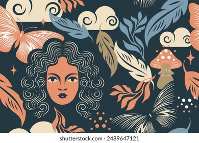 Seamless floral pattern with pretty woman face, branches,mushrooms, butterflies, the elegance of a beautiful botanical pattern on the theme of nature and magic