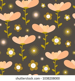 Seamless floral pattern print. All over fancy spring field background in palette of peach, mustard and taupe. 