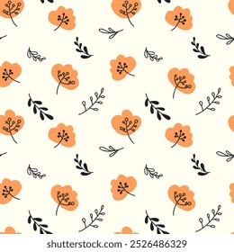 Nahtloses Blumenmuster, Druck von Herbstblumen. Nettes botanisches Design: kleine handgezeichnete Herbstpflanzen, winzige Blätter in abstrakter Zusammensetzung auf weißem Hintergrund. Vektorgrafik