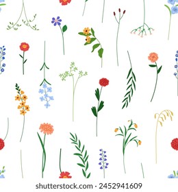 Patrón floral sin costuras, impresión. Fondo botánico con flores, subgrupos, flores delicadas, ramas de flores silvestres. Diseño de textura de verano sin fin. Ilustración vectorial plana para tela, textil, envoltura