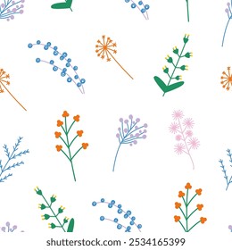 Seamless floral pattern, print. Botanical background with flowers, stems, delicate blooms, wildflower branches. Endless summer texture design. Flat vector illustration for fabric, textile, wrapping